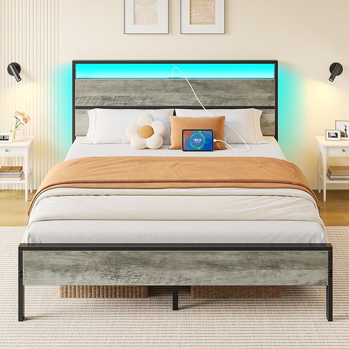 Rolanstar Queen Bed Frame with Headboard, Bed Frame Queen with LED Lights, Camas Queen Size Bed with Charging Station, Solid Metal Slats, Noise Free, No Box Spring Needed, Grey