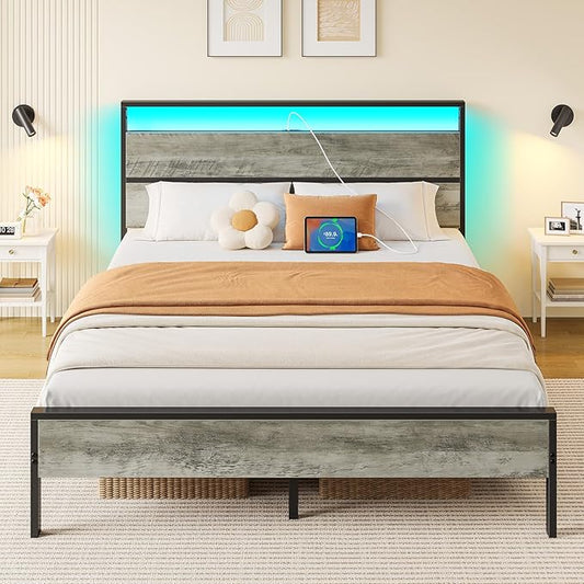 Rolanstar Full Bed Frame with Headboard, Bed Frame Full with LED Lights, Camas Full Size Bed with Charging Station, Solid Metal Slats, Noise Free, No Box Spring Needed, Grey