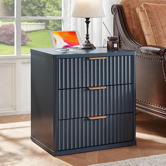 LEYAOYAO 23" Wide Fluted Night Stand with Charging Station, 3 Drawers Large End Table with Storage, Navy Blue Nightstand Wood Bedside Tables, Farmhouse Cabinet Dresser for Bedroom,Closet