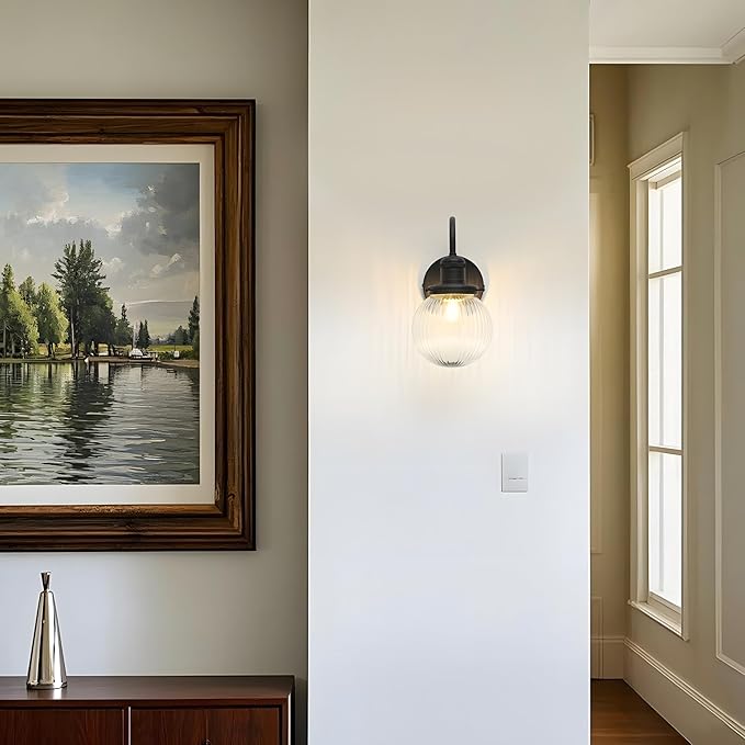 Industrial Vintage Gooseneck 1-Light Wall Sconce with 5.9" Round Ribbed Clear Glass Globe Lampshade Indoor Wall Mounted Lamp Fixture for Bedroom Living Room Bathroom Vanity