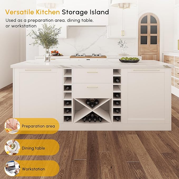 homary 72'' Kitchen Island with Seating Island Table with Wine Storage & 2 Drawers Marble Dining Table for 4 People