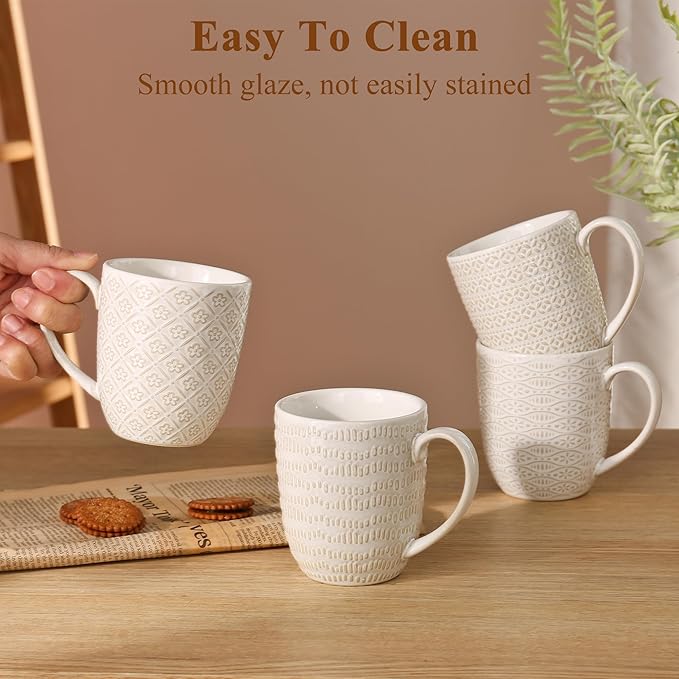 Embossment Coffee Mugs Set of 4, 12 oz Ceramic Coffee Cups Set, White Tea Cups with Large Handle for Latte, Cappuccino, Mocha, Cocoa, Microwave & Dishwasher Safe