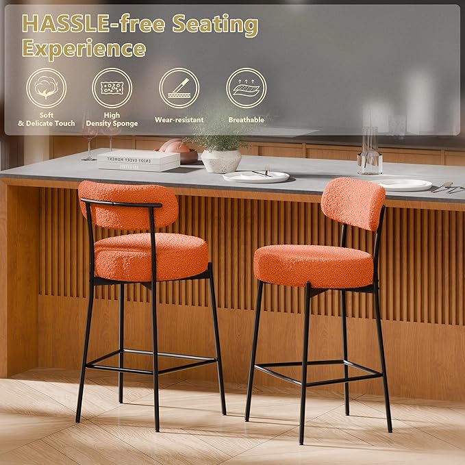 DYHOME Bar Stools Set of 2, 24 Inches Modern Counter Height Bar Stools with Curved Back Metal Legs, Orange Upholstered Boucle Barstools for Kitchen Island, Cafe