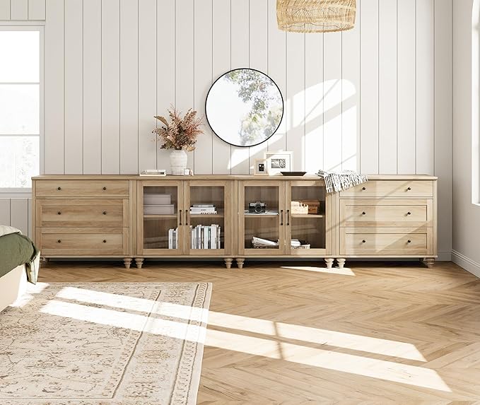 WAMPAT Modern TV Stand for TVs up to 110 inch, 4 in 1 Entertainment Center with Storage Cabinets and 4 Glass Door, Media Console with 6 Drawer Dresser for Living Room, Oak