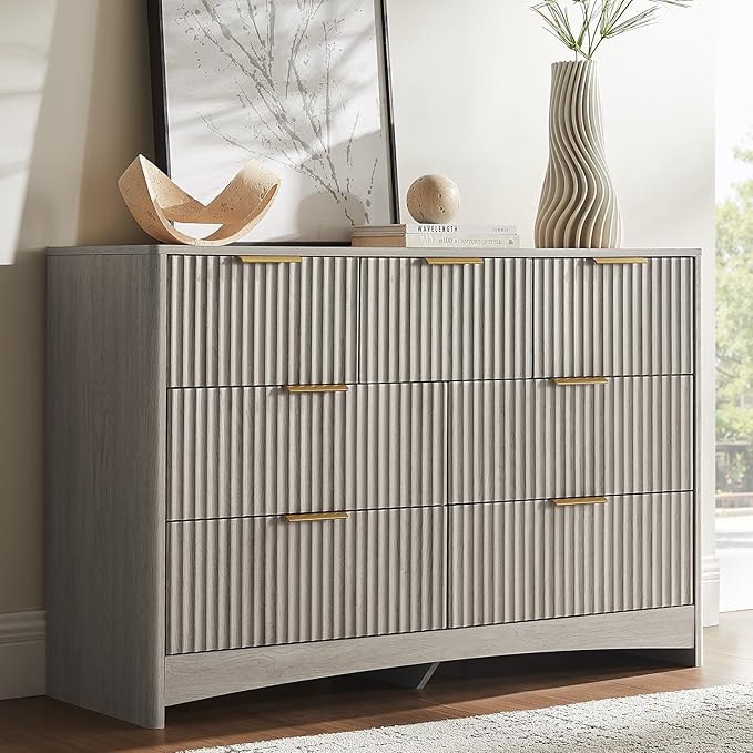 Amada Modern 7 Drawer Dresser, Fluted Wood Chest of Drawers with Rounded Corners, Pre-Installed Drawer Slides, Dresser TV Stand and Storage Organizer for Bedroom, Hallway, Grey