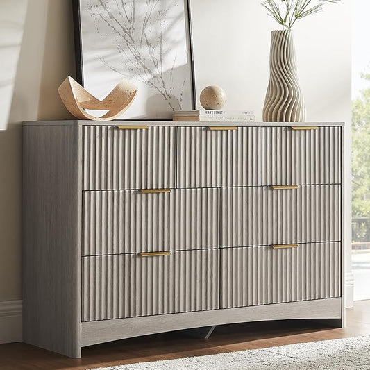 Amada Modern 7 Drawer Dresser, Fluted Wood Chest of Drawers with Rounded Corners, Pre-Installed Drawer Slides, Dresser TV Stand and Storage Organizer for Bedroom, Hallway, Grey
