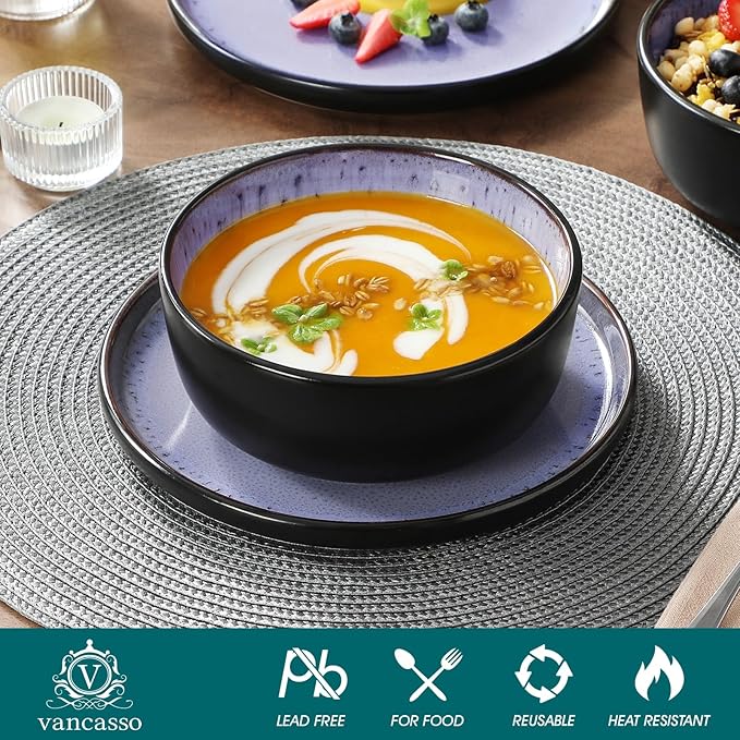 vancasso Plates and Bowls Sets, 24 Pieces Stoneware Dinnerware Sets for 8, Kitchen Dish Set Mircowave and Dishwasher Safe Dinner Set Ceramic Dishware, Light Purple, Series AMBER