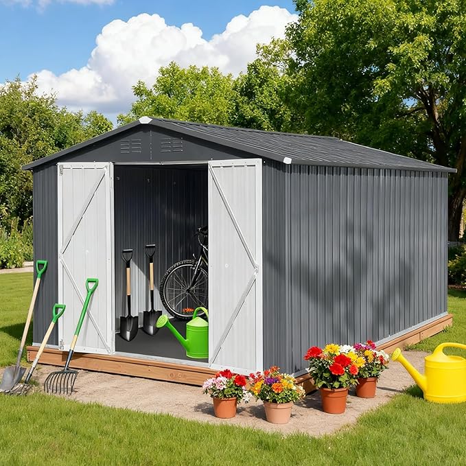 10 x 12 FT Outdoor Storage Shed with Floor, Metal Garden Tool Shed with Vents,Windows,Slooping Roof and Lockable Doors, All-Weather Bike Shed Easy to Assemble for Backyard, Patio, Lawn, Grey