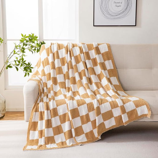 YIRUIO Throw Blanket Checkered Chessboard Fluffy Fuzzy Warmer Comfort Reversible Super Soft Cozy for Home Decor Bed Couch Sofa Livingroom (Burnt Orange, 60''x80'')