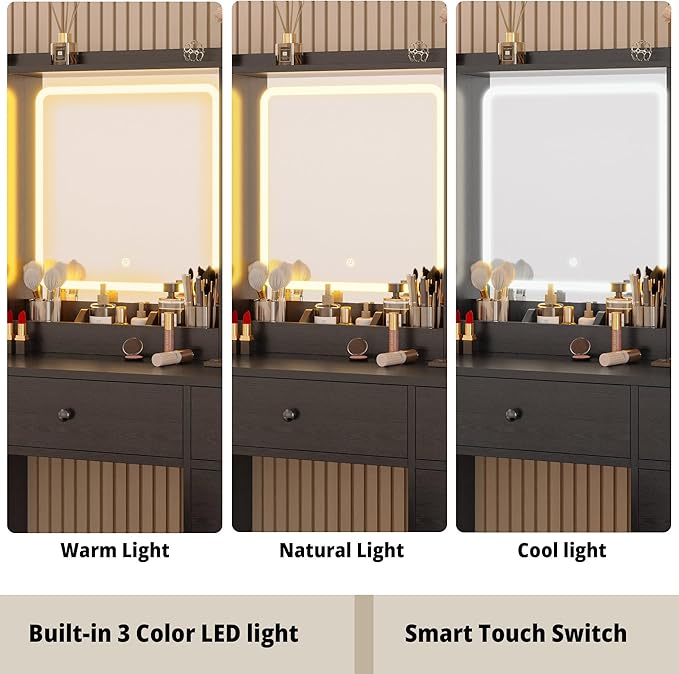 IRONCK Vanity Desk with LED Lights Mirror and Charging Station, Makeup Vanity Table with Jewelry Armoire, Storage Bench, and 11 Drawers,Black