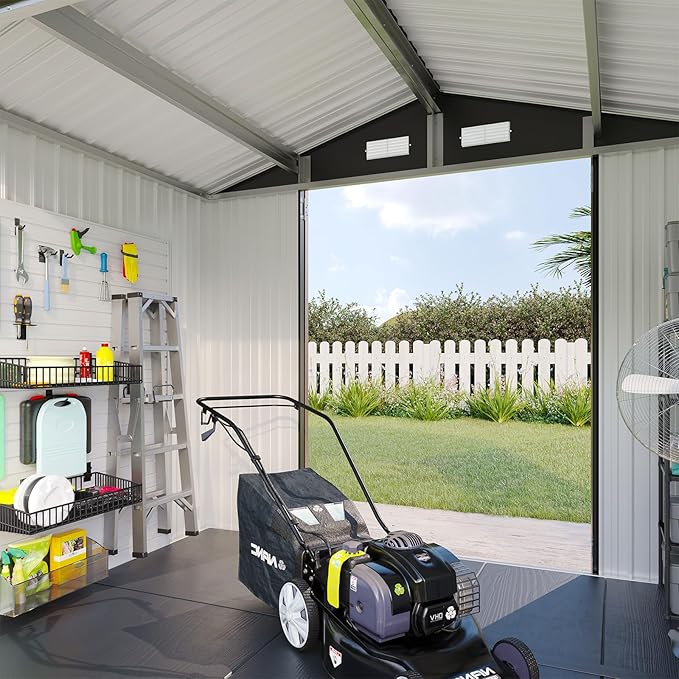 Aoxun 7.4x5.3FT Shed with Floor Galvanized Steel Outdoor Storage Shed Metal Garden Shed with Double Doors, 15mm Moisture-Proof Floor & Ventilation, Sloped Roof for Bike/Generator/Tool Storage (Brown)