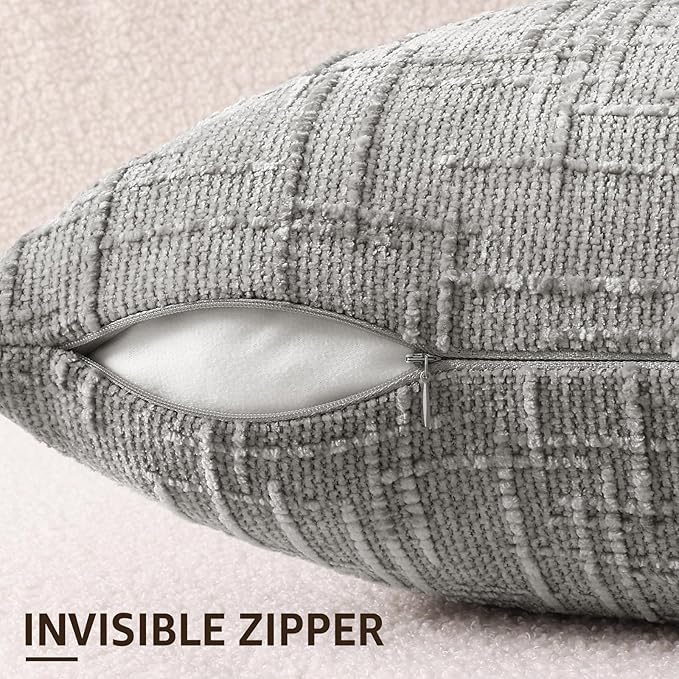 decorUhome Neutral Grey Chenille Throw Pillow Covers 18x18 Set of 2 Thick Textured Slubby Couch Pillow Covers Farmhouse Accent Modern Neutral Decorative Pillow Cases for Bed Sofa Living Room