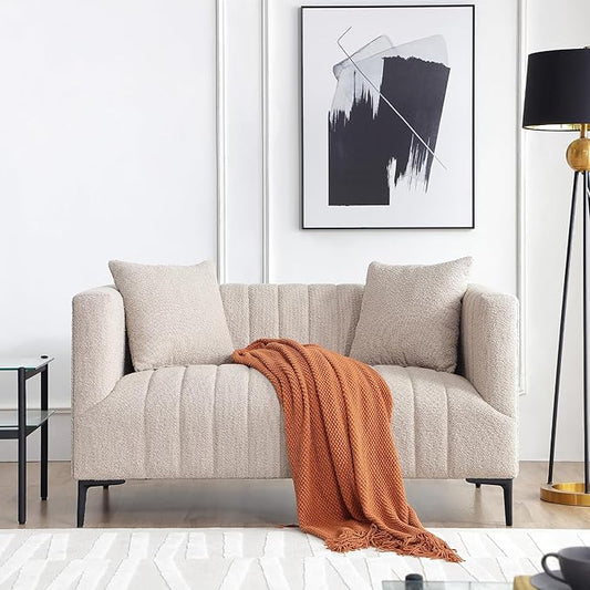 Get Set Style Modern Accent Loveseat Sofa Couch, Tufted Boucle Upholstered Sherpa Deep Seat Cloud Couch with 2 Pillows,Comfy 2 Seater Love Seat for Living Room Apartment Office Lounge Studio (Taupe)