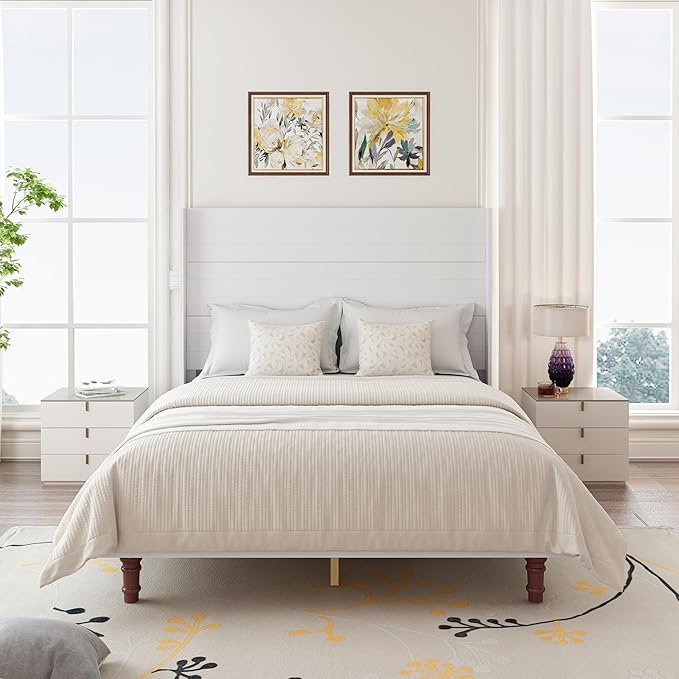 GDFStudio Tall Headboard Queen Size Bed,Platform Bed Frame with High Back,Wooden Slat Mattress Support No Box Spring Needed Easy Assembly Minimalist Designs 54" H White