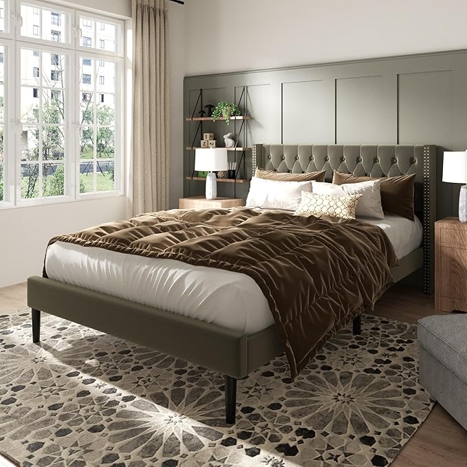 Full Size Bed Frame, Upholstered Platform Bed with Wingback Headboard, Velvet Button Tufted, Easy Assembly, No Box Spring Needed, Green