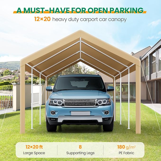 COBIZI Carport Canopy 12x20 Heavy Duty Car Tent Garage, Galvanized Frame Car Canopy Outdoor Shelter Waterproof & UV Protected with Built-in Sandbags & All-Season Tarp for Car Boat Truck, Khaki