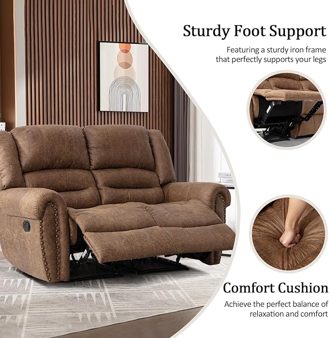 CANMOV Faux Leather Manual Recliner Sofa Set, Manual Recliner Chair, Reclining Loveseat and 3-Seat Sofa for Living Room,Bedroom Furniture, Office,Nut Brown