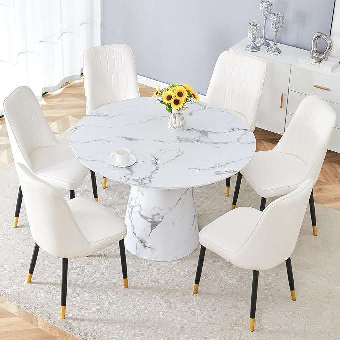 45 Inch Round Dining Table Set for 6, 7 Piece Kitchen Table and Chairs Set, White Faux Marble Table Top, Small Space Dining Set for Apartment or Dining Room