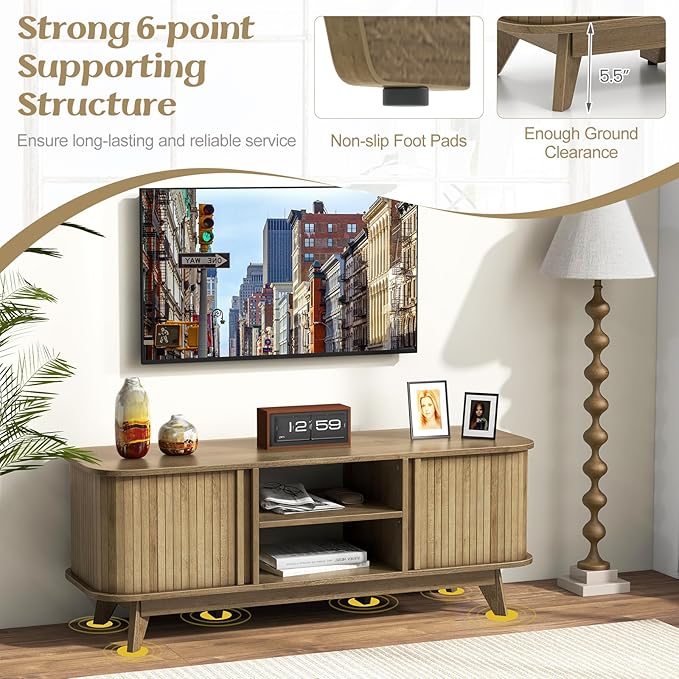 Tangkula Sliding Doors TV Stand for TV up to 55 Inch, Mid Century Modern TV Console Table, Television Cabinet w/ 2 Open Shelves & Sliding Doors, Home Media Entertainment Center for Living Room (Oak)