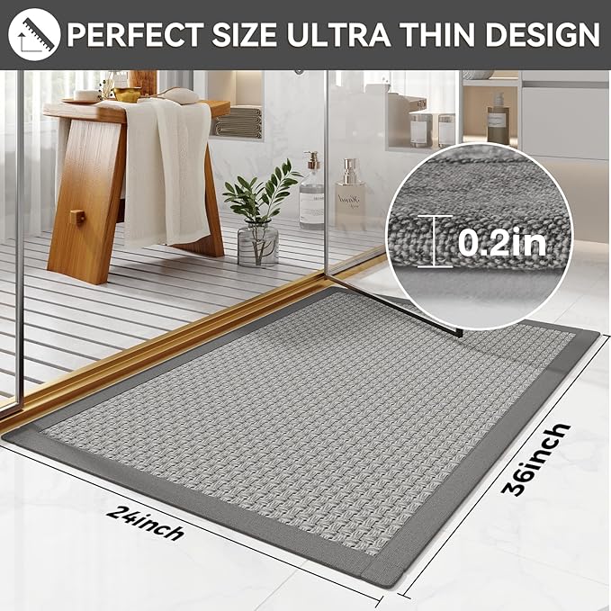 Non Slip Bath Mat Bathroom Rugs, Soft Jute-Like Ultra Thin Bath Mats, Rubber Backing Super Absorbent Quick Dry Bath Rug Shower Mat Fit Under Door Bathroom Floor, Machine Washable, Gray 24" x 36"