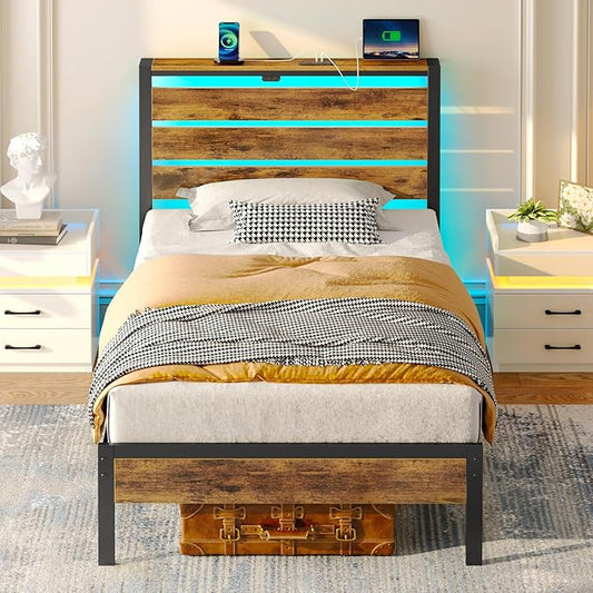 Rolanstar Bed Frame Twin Size with USB Charging Station, LED Bed Frame with Wood Storage Headboard, Rustic Brown Metal Platform Bed with Under Bed Storage, No Box Spring Needed, Noise Free