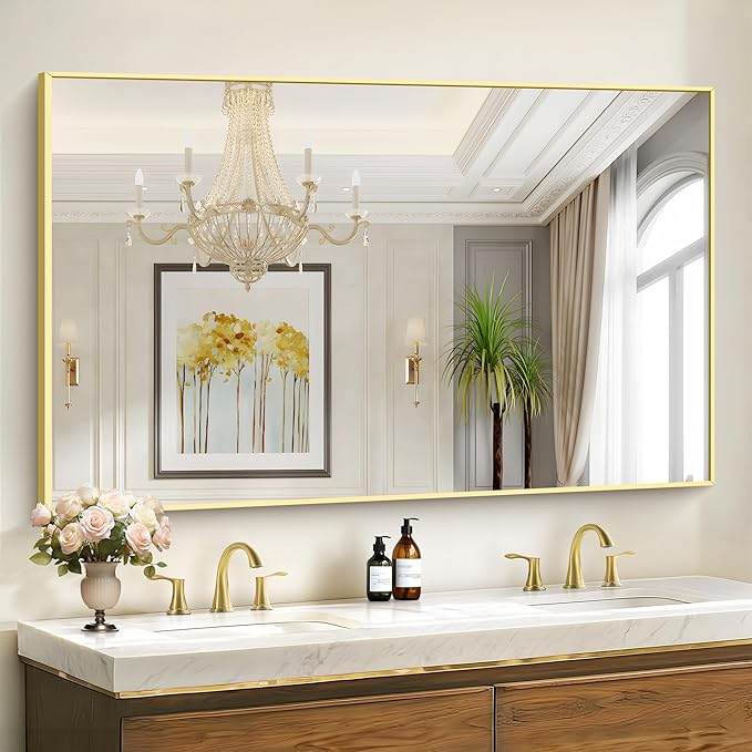 40x60inch Gold Bathroom Mirror, Gold Rectangle Mirror with Frame, Large Rectangular Wall Mirrors for Bathroom, Living Room, Hair Salon, Big Farmhouse Mirror Hang Horizontal/Vertical