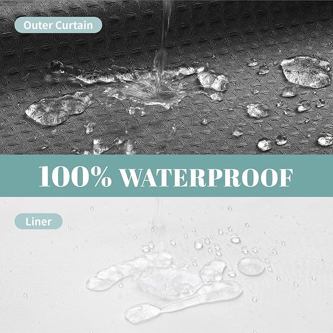 Charcoal Grey Long No Hook Waffle Weave Shower Curtain with snap-in Liner Replacement, 230GSM Waterproof Fabric Hotel Shower Curtain Set for Bathroom, Through Mesh Top Window,71Wx80H