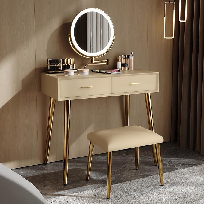 IKuinen Makeup Vanity Desk with Mirror and Lights, Small Vanity Table with 2 Drawers,Vanity Set for Bedroom with Microfiber Leather, 3 Lighting Modes - 31.5In Coffee