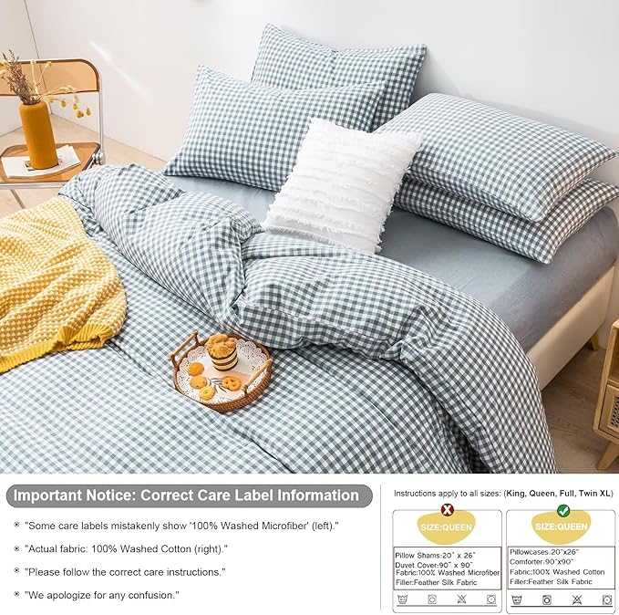 mixinni Blue Gingham Comforter Set Queen, Plaid Comforter Set 3 Pieces 1 Blue Grid Comfoter with 2 Pillow Cases for All Seasons, Soft Fluffy Modern Grid Pattern Printed Bedding-Queen Size