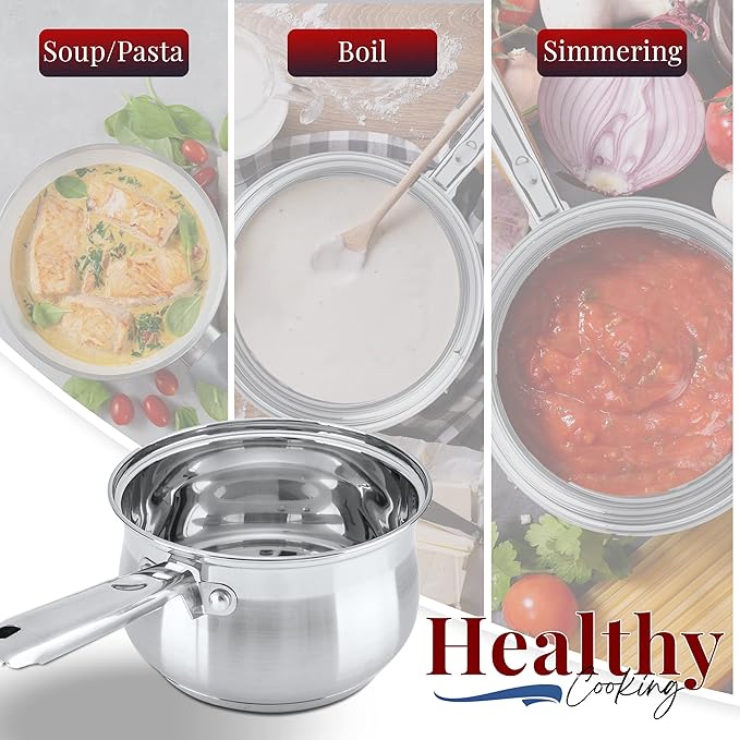 Alpine Cuisine Sauce Pan Stainless steel 3Qt Belly Shape with Glass Lid & Ergonomic Handle, induction Bottom Sauce Pan, Sauce Pot with Glass Lid for Cooking, Easy Clean & Rust Free, Dishwasher Safe
