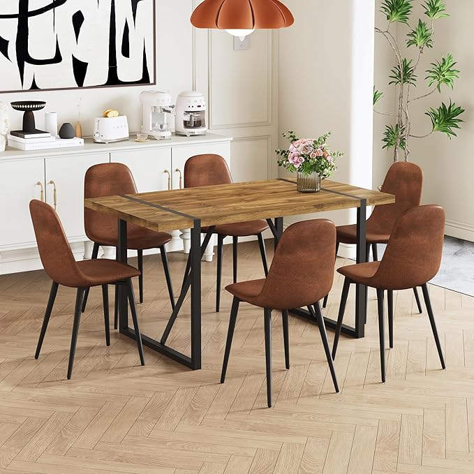 Rustic 7 Piece Dining Room Table Set for 6 People, Mid Century Modern 55 Inch Rectangle Wood Kitchen Dining Table with 6 Fabric Chairs Set, Suitable for Kitchen Dining Room