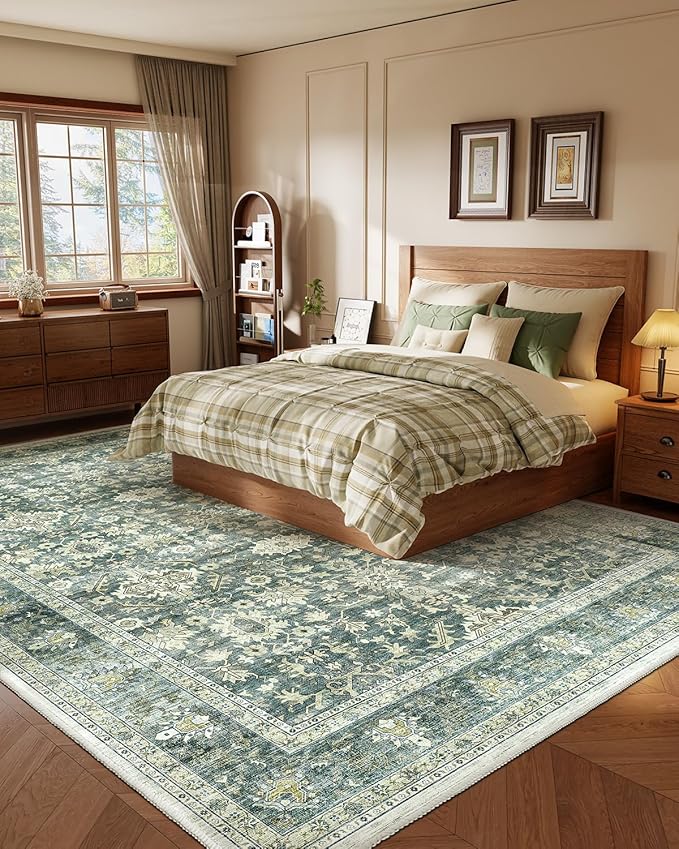 HOMFINE Machine Washable Rug 6'x9' - Vintage Design Area Rugs with Non Slip Rugs for Living Room Bedroom Floral Print Rug Carpet Stain Resistant, Home Decor Office Area Rug, Green