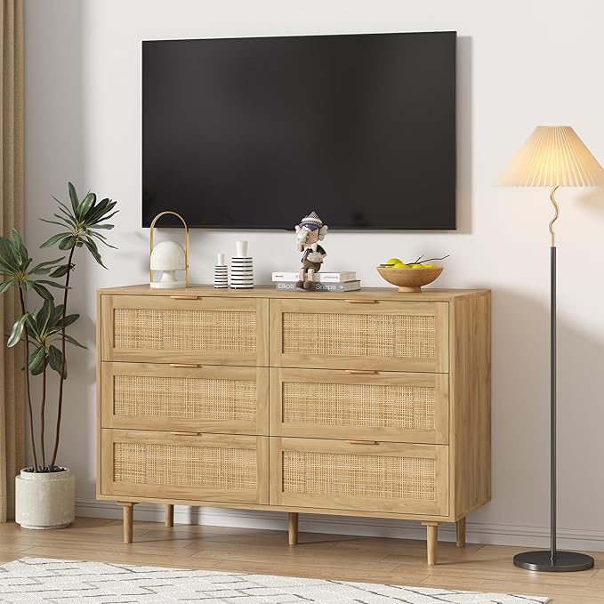 Furnideco 6 Drawer Rattan Dresser for Bedroom Wood Dresser for Closet with Solid-Wood Legs Boho Chest of Drawers Beside Table for Bedroom, Living Room, Natural