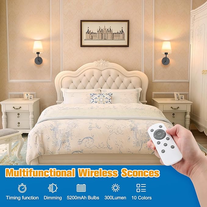 NIORSUN 13.8 inch Battery Operated Wall Sconce Set of 2,Black Rechargeable Wall Lights with 5200mAh Dimmable Detachable Bulbs and Remote,9 Colors Wireless Sconces for Bedroom Living Room Hallway