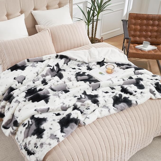 Cozy Bliss Cow Print Faux Fur Throw Blanket, Animal Printed Blankets Super Soft Warm Thick Fluffy Throws Home Decor for Couch Bed Sofa Women (Black&Grey Cow, 60x80 Inches)