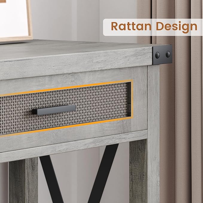 IDEALHOUSE Farmhouse Entryway Table, Grey Console Table with Rattan Drawers, 43" Sofa Table with Storage, Console Tables for Entryway, Living Room, Hallway, Foyer-Grey