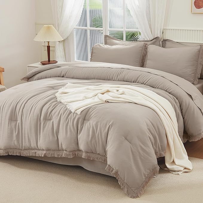 Andency Wheat Full Size Comforter Set with Sheets - 7 Pieces Boho Tassel Bed in a Bag Soft Lightweight Bedding Sets, Wheat Fringe Bed Set with Comforter, Sheets, Pillowcases & Shams