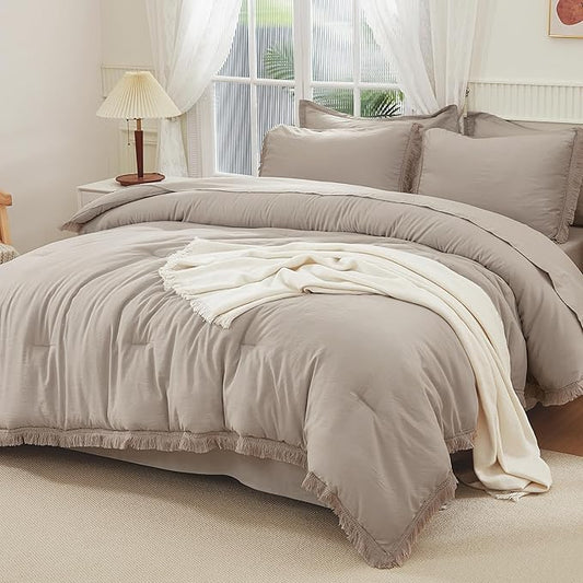 Andency Wheat California King Size Comforter Set with Sheets - 7 Pieces Boho Tassel Bed in a Bag Soft Lightweight Bedding Sets, Wheat Fringe Bed Set with Comforter, Sheets, Pillowcases & Shams