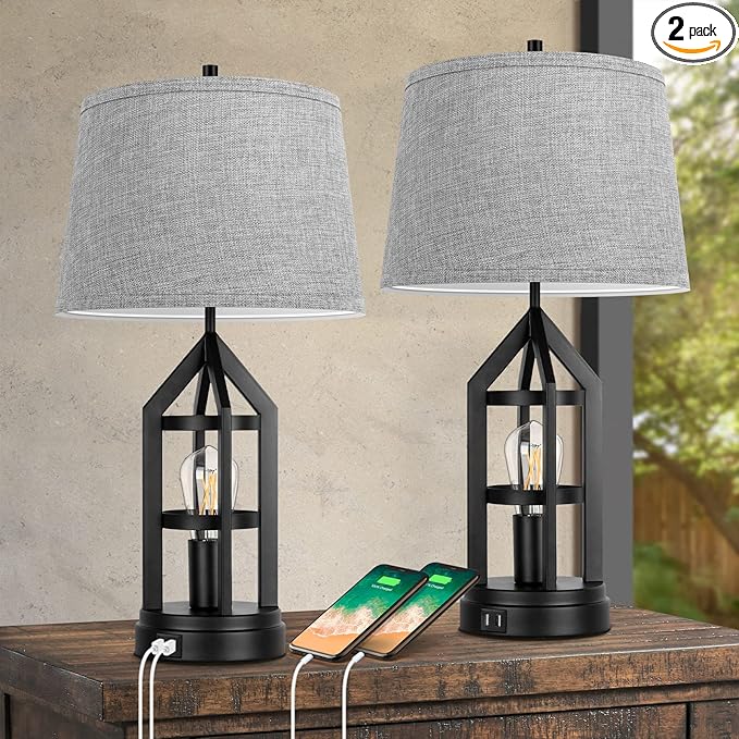 BesLowe 2-Light Farmhouse Rustic Touch Table Lamps Grey, 3-Way Dimmable Bedside Lamps with 2 USB Ports for Bedroom, End Table Lamps for Living Room with Gray Shades, 4 LED Bulbs Included, Set of 2