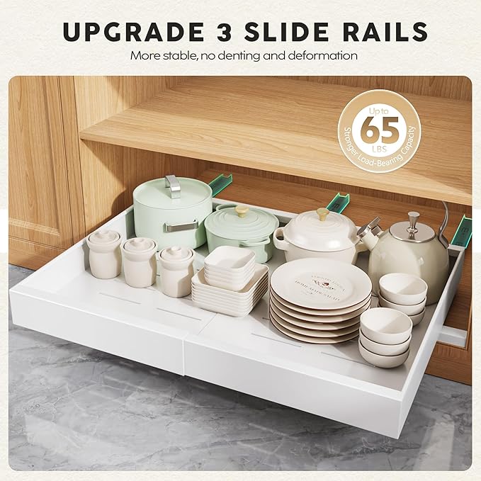 2 Pack Pull Out Cabinet Organizers 21" Deep With Raising Pad for Framed Cabinets, Expandable Width (15.2"-26.3") Slide Out Drawers Upgrade 3 Slide Rails, Roll Out Shelves Adhesive, White