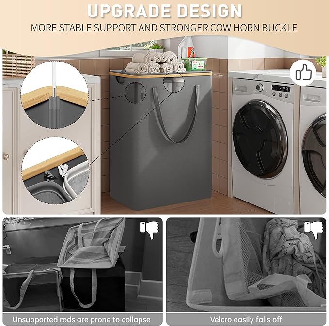 160L Double Laundry Hamper with Lid 2 Section, Large Bamboo Laundry Basket with 2 Removable Bags, Clothes Hampers for Laundry for Bedroom, Bathroom, Dorm, Laundry Room, Grey