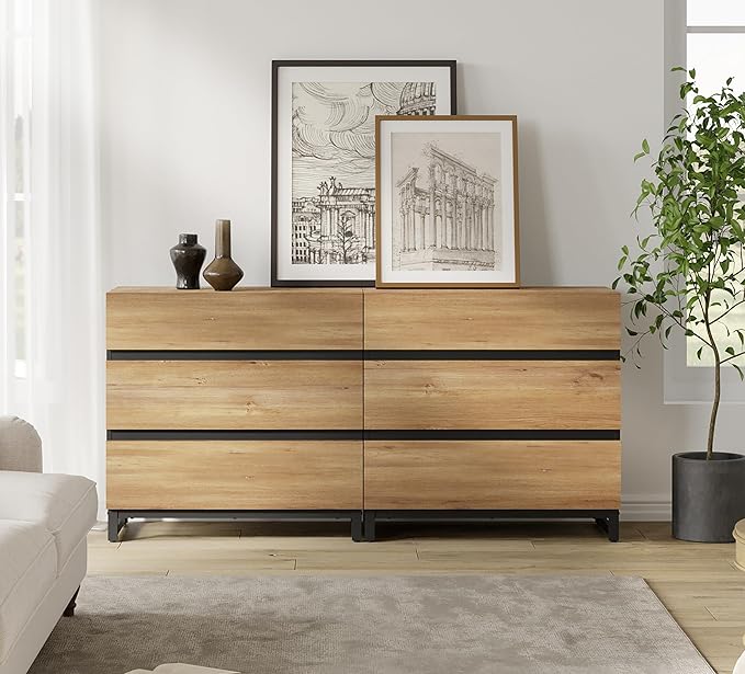 WAMPAT Dresser for Bedroom, Closet Organizers and Storage with 6 Drawers, Chest of Drawers with Metal Base, Modern Wood Dresser for Living Room, Bedroom,Oak