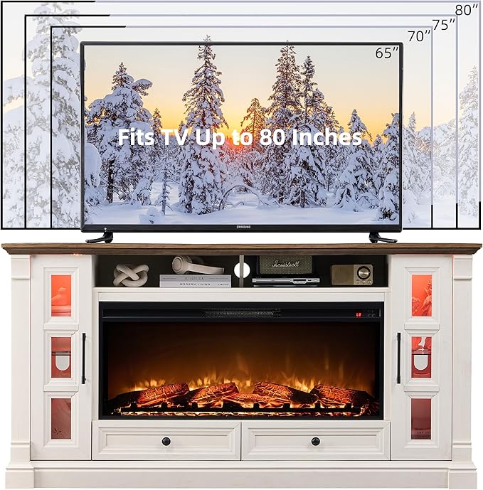 OKD Fireplace TV Stand for up-to-80 TV, Farmhouse 36" Tall Entertainment Center with 42" Electric Fireplace, Media Console with Glass Door Cabinets & Drawers for Living Room, Antique White