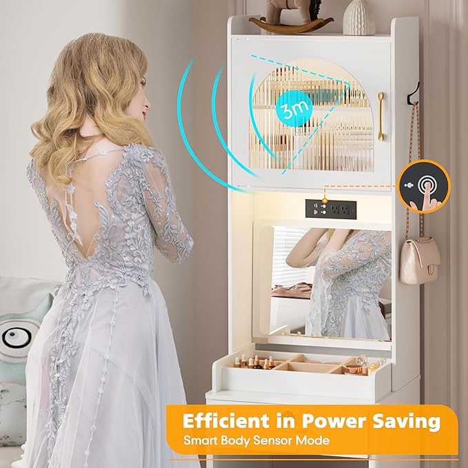 KAMABOKO Vanity Desk with Mirror and Lights, Large Makeup Vanity Table Set with Drawers & Cabinets & Power Outlet, 3 LED Lights Modes Adjustable (029 White)