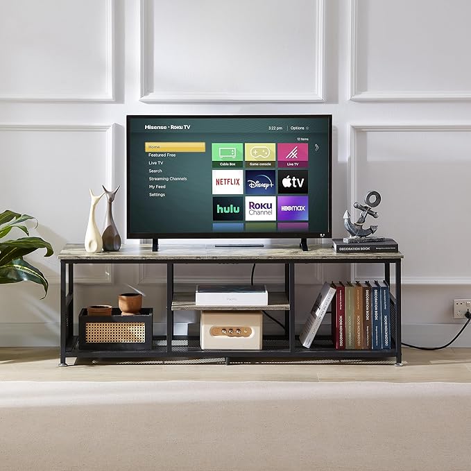 VECELO TV Stand with Power Outlets for Televisions up to 65Inch, 55" Media Entertainment Center with Charging Station 3-Tier Open Storage Shelves with Metal Frame for Living Room/Bedroom，Grey