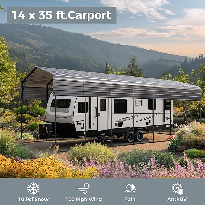 GREEN PARTY 14 x 35 ft Metal RV Carport Kits with Galvanized Steel Roof, Heavy Duty 2 Car Outdoor Car-Shed Canopy, Car Tent Metal Garage Shelter for RV, SUV, Truck, Tractors and Boats, Gray