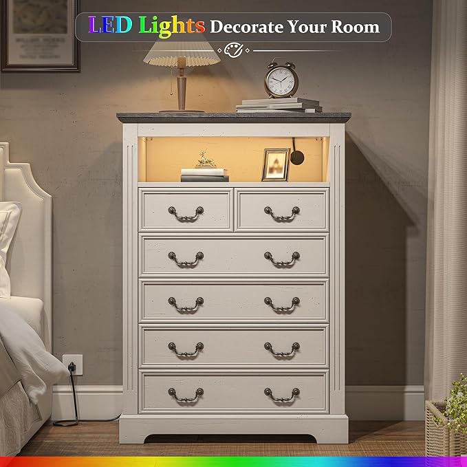 EnHomee Farmhouse 6 Drawer Dresser for Bedroom LED Light & Power Outlets, 48" H Wood Dressers & Chests of Drawers with Natural Texture, Hallway, Antique White