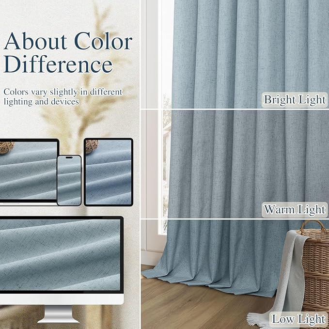 Guken Blue Linen Blackout Curtains 98 Inch Length 2 Panels Set for Living Room Bedroom Back Tab Thermal Insulated 100% Black Out Linen Drapes Room Darkening Window Curtains 98 Inches Long Dusty Blue