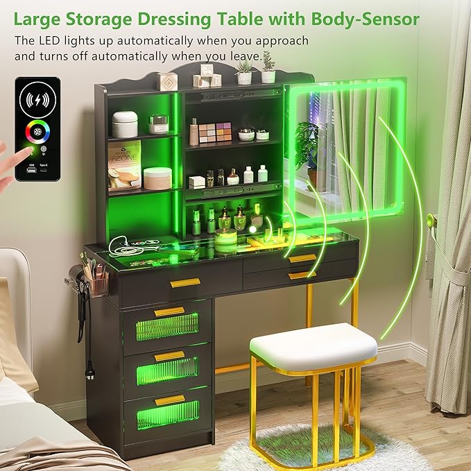 HENBC Vanity Desk with Sliding Mirror and Glass Desktop, LED Vanitys Mirror with RGB Lights Desk and Chair, Dressers Table Set with Charging Station/Makeup Organizer/6 Drawers for Bedroom(Black)