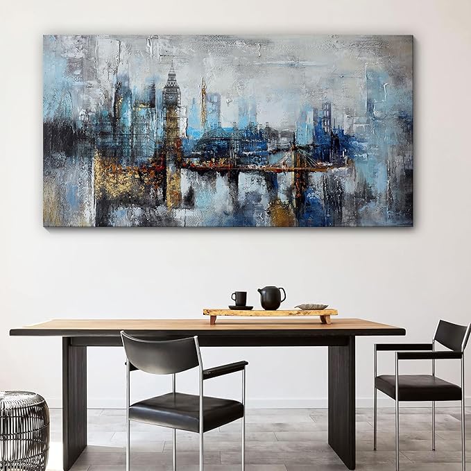 Pogusmavi Large Wall Art for Bedroom Abstract City View Canvas Art Modern Home Decor Gray Blue Buildings Prints for Bedroom Wall Art Office Artwork Wall Decor for Living Room Decor 24x48 inches
